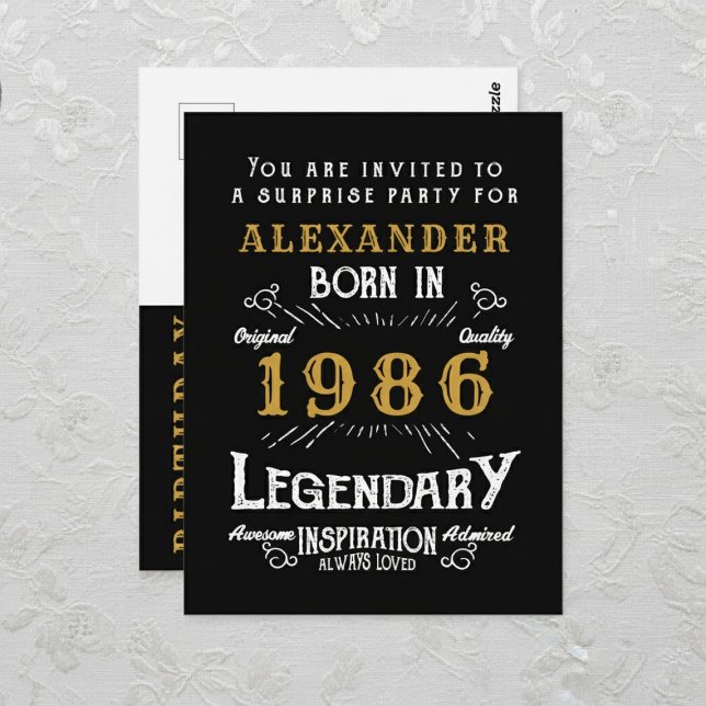 40th Birthday 1986 Black Gold Legend Invitation Postkarte (1986 birthday invitation postcard. Background white lace.)