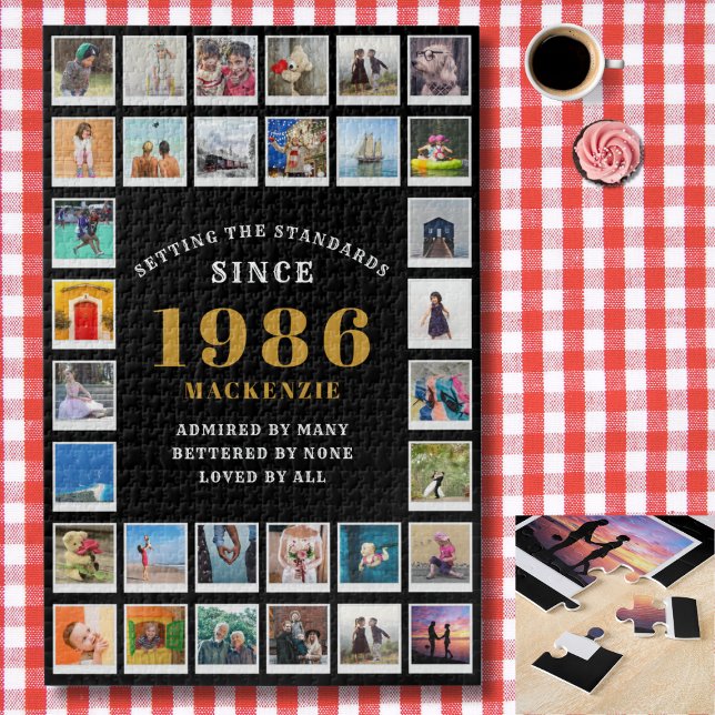40th Birthday 1986 Family Memories Photo Collage  Puzzle (1986 Photo template jigsaw puzzle. Background checked red and white tablecloth. )