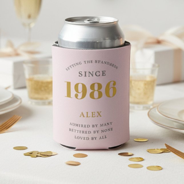 40th Birthday 1986 Keepsake Elegant Personalized Dosenkühler (1986 pink can cooler with white background)