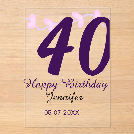 40th birthday add name date year purple floral pin acryleinladungen