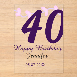 40th birthday add name date year purple floral pin acryleinladungen