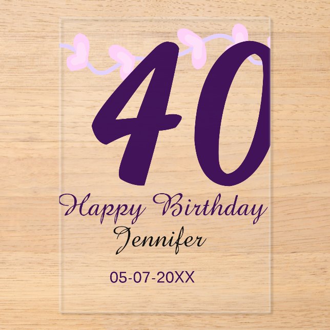 40th birthday add name date year purple floral pin acryleinladungen (Vorderseite)