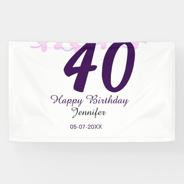 40th birthday add name date year purple floral pin banner (Horizontal)