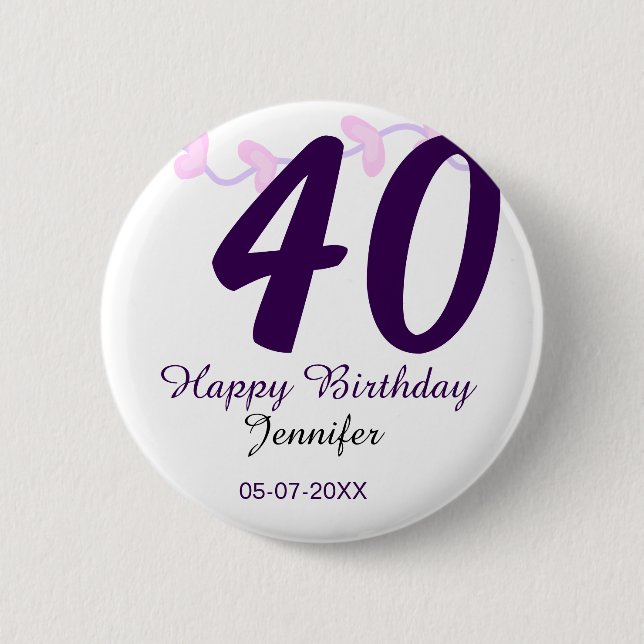 40th birthday add name date year purple floral pin button (Vorderseite)