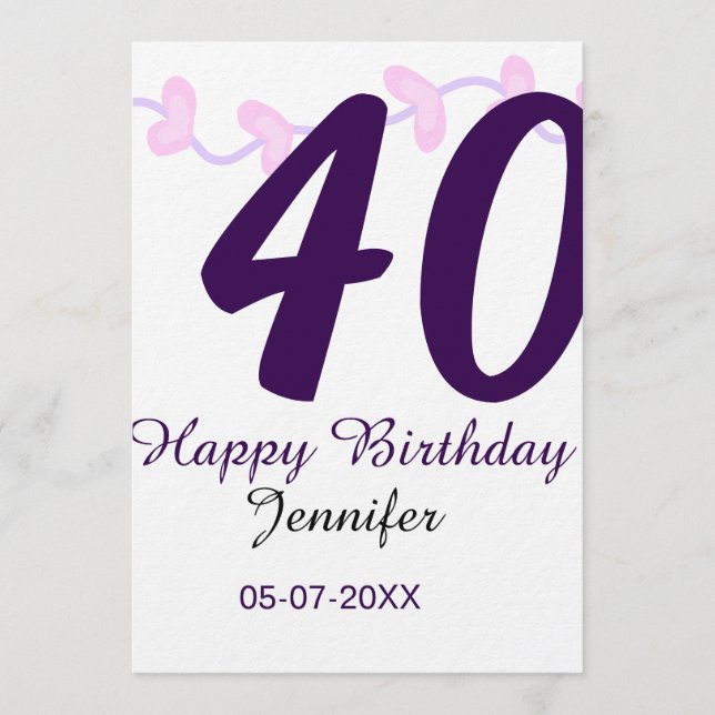 40th birthday add name date year purple floral pin einladung (Vorderseite)