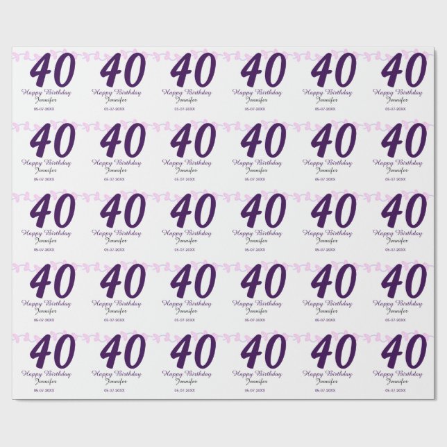 40th birthday add name date year purple floral pin geschenkpapier (Flach)