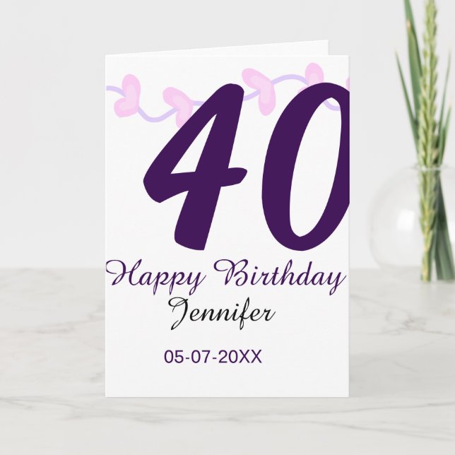 40th birthday add name date year purple floral pin karte (Vorderseite)