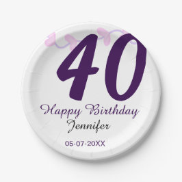 40th birthday add name date year purple floral pin pappteller