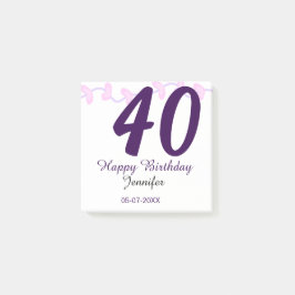 40th birthday add name date year purple floral pin post-it klebezettel