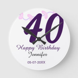 40th birthday add name date year purple floral pin runde wanduhr