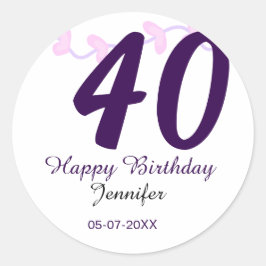 40th birthday add name date year purple floral pin runder aufkleber