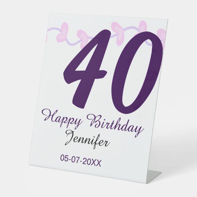 40th birthday add name date year purple floral pin sockelschild (Vorderseite)