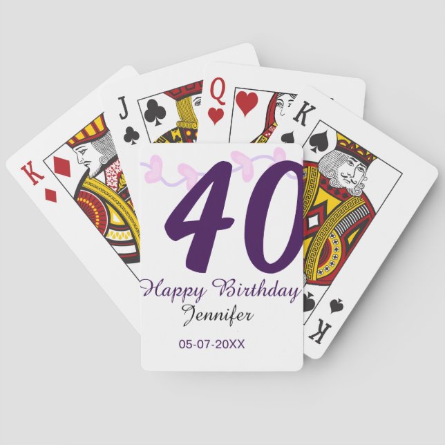 40th birthday add name date year purple floral pin spielkarten (Rückseite)