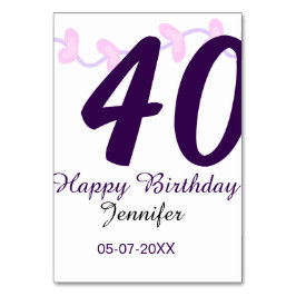 40th birthday add name date year purple floral pin tischnummer