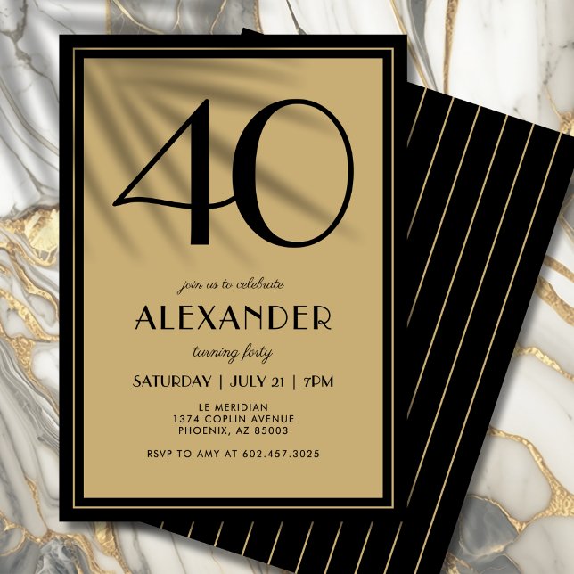 40th Birthday Adult Black and Gold Modern Minimal  Einladung (A timeless black and gold invite that feels modern, elegant, and upscale.)