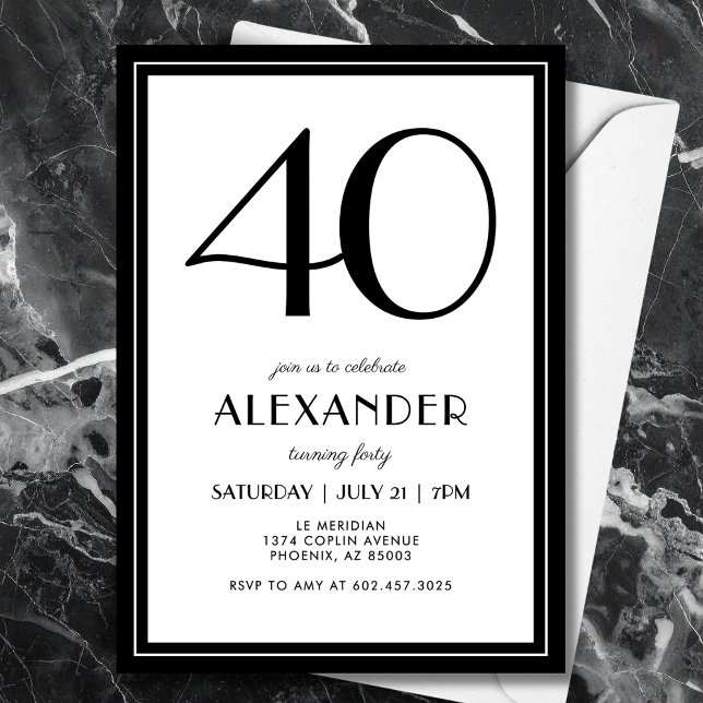 40th Birthday Black and White Modern Minimalist  Einladung (A chic black and white invitation that blends modern minimal design with elegance.)