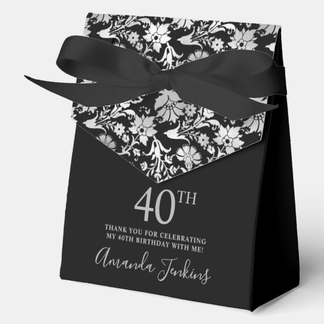 40th Birthday Black Silver Floral Thank You  Geschenkschachtel (Vorderseite)