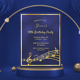 40th birthday blue gold music notes invitation postkarte