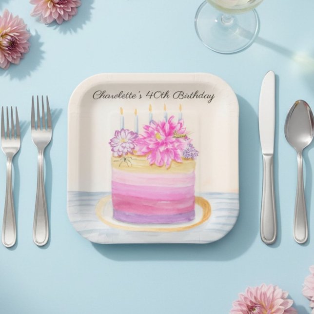 40th Birthday Cake with Dahlia and Garden Insect   Pappteller (Von Creator hochgeladen)