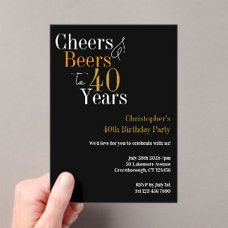 40th Birthday Cheers and Beers Party Black Gold Acryleinladungen