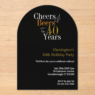 40th Birthday Cheers and Beers Party Black Gold Acryleinladungen