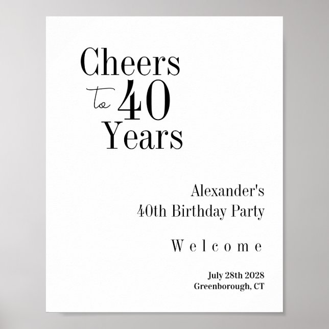 40th Birthday Cheers to 40 Years Black White Party Poster (Vorne)