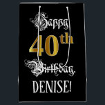 40th Birthday ~ Fancy Script; Faux Gold Look; Name Mittlere Geschenktüte<br><div class="desc">This elegant and elaborate birthday-themed gift bag design features the message “Happy 40th Birthday, ”, plus a personalized recipient name. Some of the message is in a luxurious script-style text, the large number “40th” features a faux/imitation gold-inspired look pattern, and the background is colored black. An ornate birthday themed gift...</div>