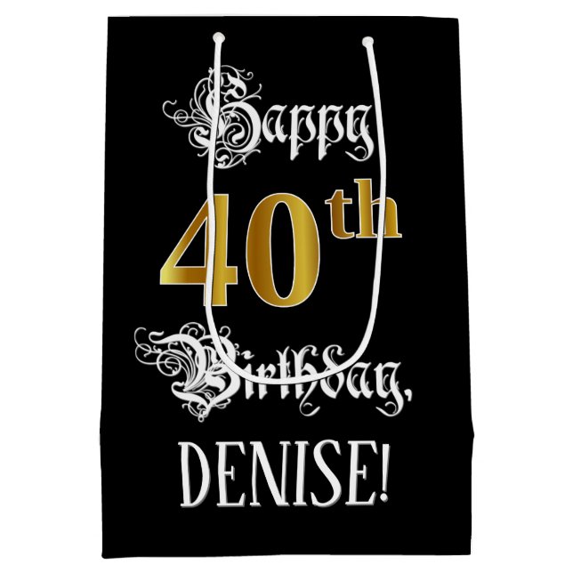 40th Birthday ~ Fancy Script; Faux Gold Look; Name Mittlere Geschenktüte (Rückseite)