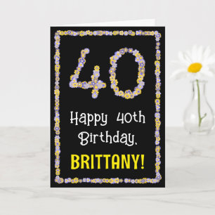 40th Birthday: Floral Flowers Number, Custom Name Karte