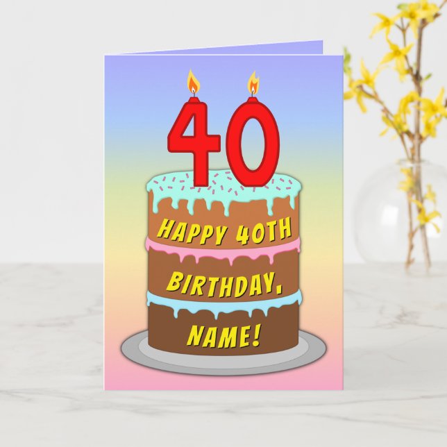 40th Birthday — Fun Cake & Candles, w/ Custom Name Karte (Gelbe Blume)