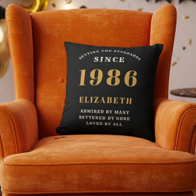 40th Birthday Gift Personalized 1986 Black Gold Kissen (1986 personalized throw pillow on orange chair)