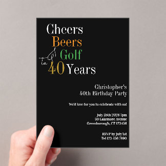 40th Birthday Golf Cheers Beers Black Gold Party Acryleinladungen