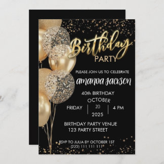 40th Birthday Invitation Black Gold Balloons Einladung