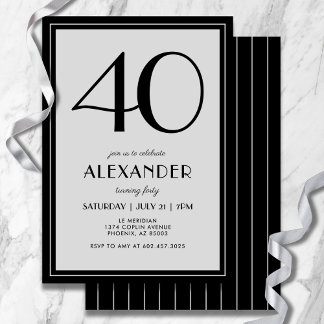40th Birthday Modern Minimalist Mens Black Gray Einladung