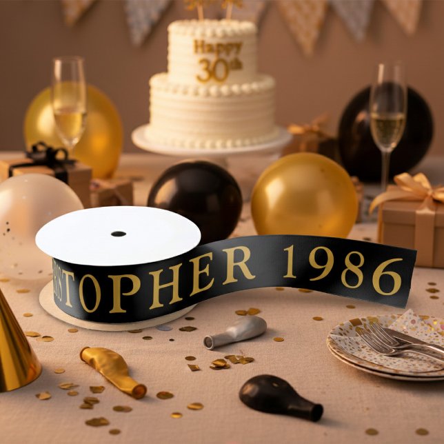 40th Birthday Name 1986 Black Gold Elegant Chic Satinband (Born 1986 ribbon)