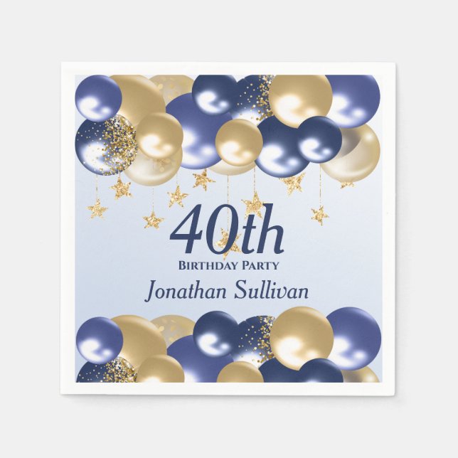 40th Birthday Navy Gold Balloons Party Serviette (Vorderseite)