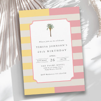 40th Birthday Palm Beach Pastel Stripe Tropical Einladung