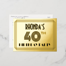 40th Birthday Party ~ Art Deco Style “40” + Name Folie Einladungspostkarte