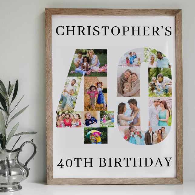 40th Birthday Photo Collage Number 40 Personalized Poster (40th Birthday Poster with number 40 in photos Available professionally printed or printable download)