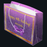 40th birthday purple pink glitter name große geschenktüte<br><div class="desc">A girly light pastel pink and ultra violet ombre,  gradient with faux glitter backdrop and faux gold frames. (no real glitter or gold) With the text: Happy 40th Birthday!   Template for her name,  golden letters. Decorated with an elegant purple colored bow.</div>