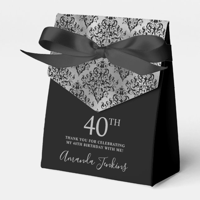 40th Birthday Silver Damask Thank You Geschenkschachtel (Vorderseite)