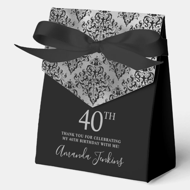 40th Birthday Silver Damask Thank You  Geschenkschachtel (Vorderseite)