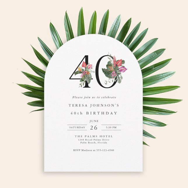 40th Birthday Simple Elegant Tropical Invitation Einladung (Available in both printed and instant download digital formats.)