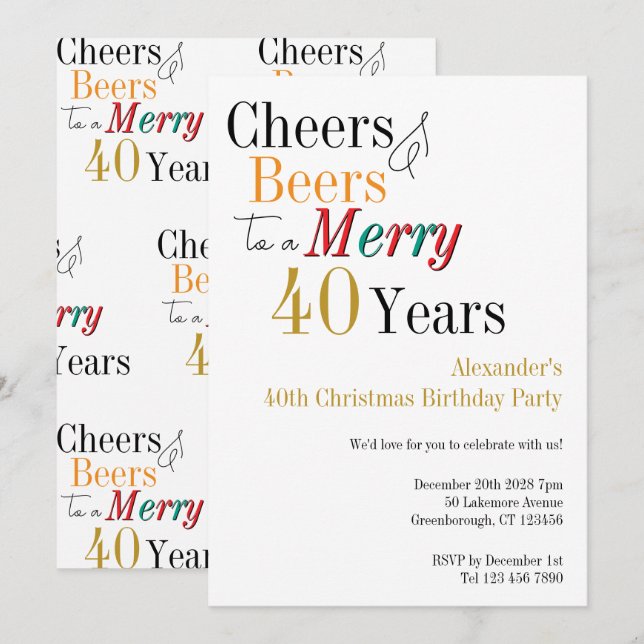 40th Christmas Birthday Cheers and Beers Merry Einladung (Vorne/Hinten)