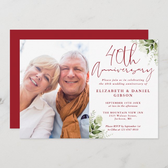 40th Wedding Anniversary Floral Greenery Photo Einladung (Vorne/Hinten)