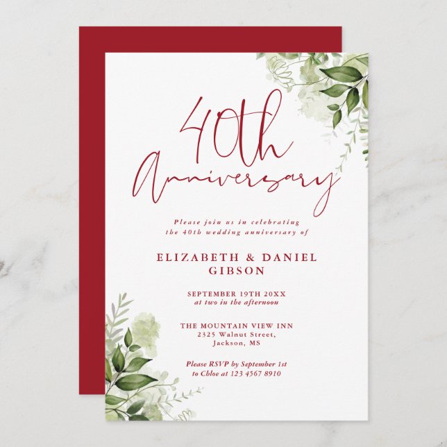 40th Wedding Anniversary Greenery Ruby Script Einladung (Vorne/Hinten)