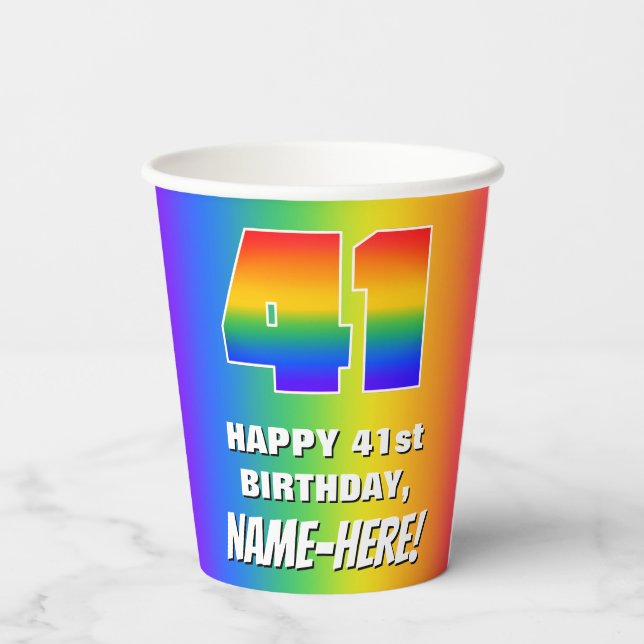 41. Geburtstag: Farbiges, lustiges Regenbogenmuste Pappbecher (Rückseite)
