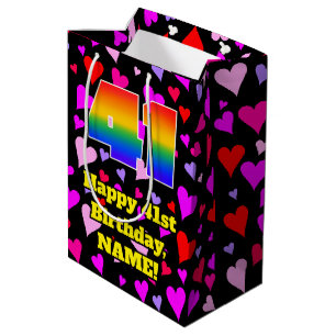 41. Geburtstag: Loving Hearts Pattern, Regenbogen Mittlere Geschenktüte