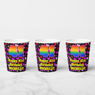 41. Geburtstag: Loving Hearts Pattern, Regenbogen Pappbecher