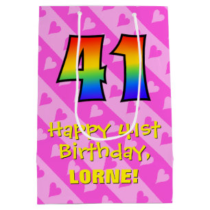 41. Geburtstag: Lustige rosa Herzen Streifen; Rege Mittlere Geschenktüte